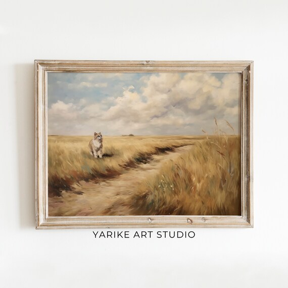 Fluffy Cat Golden Wheat Field Vintage Animal Oil Painting Poster