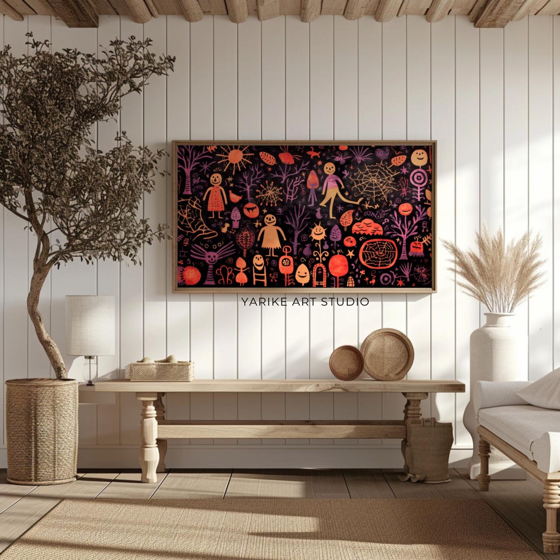 Whimsical Halloween Monsters Doodle Ghosts Pumpkins Black Art Poster - Image 2