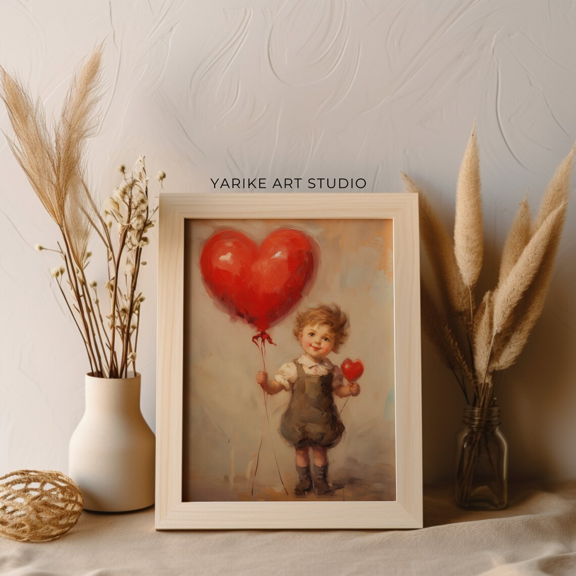 Vintage Boy with Red Heart Balloons Valentine Painting Poster - Image 2