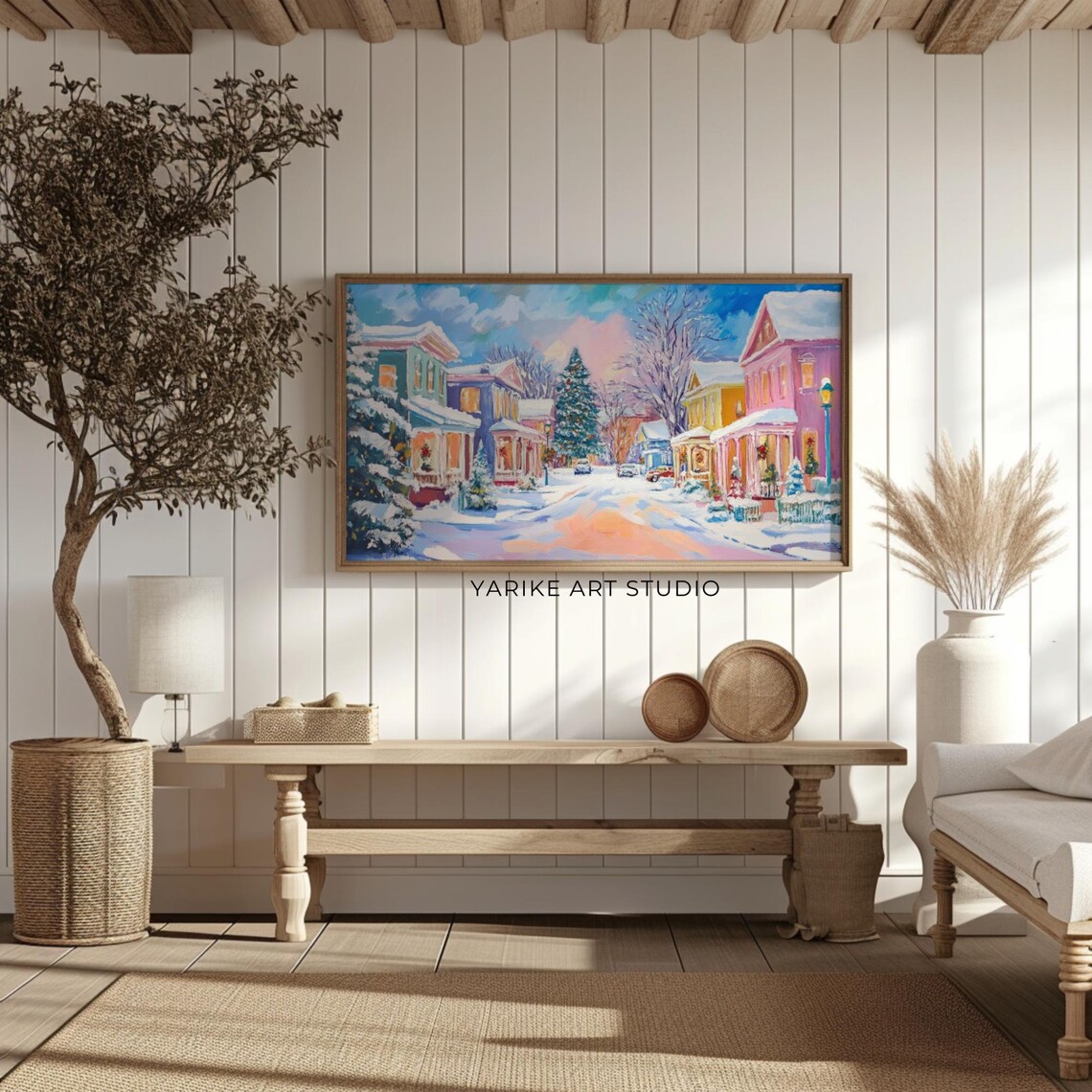 Snowy Victorian Christmas Town Street Colorful Winter Village Poster - Image 2