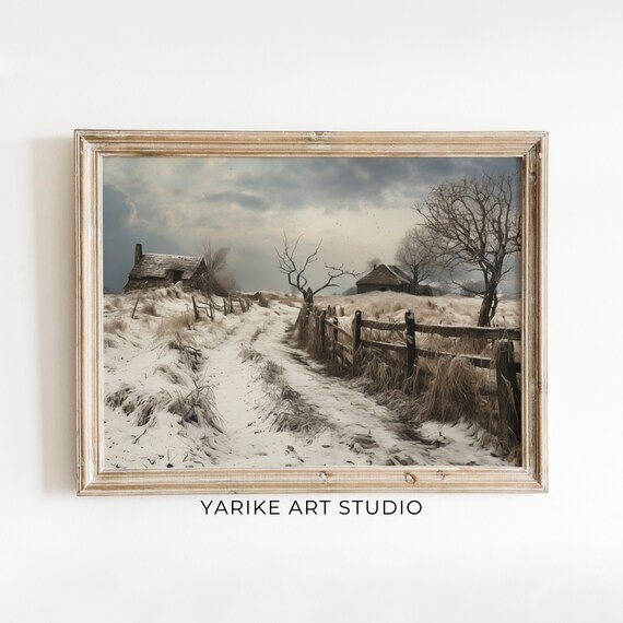 Moody Winter Farmhouse Painting Wall Art Winter Road Painting Barn Print Christmas Artwork Yarike 42 Ai