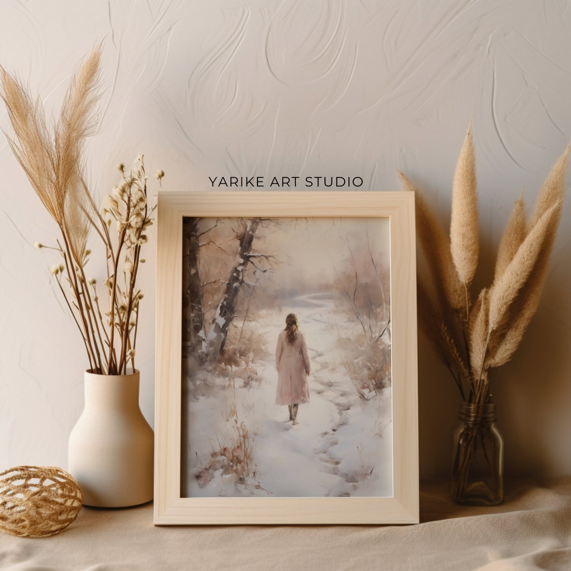 Woman Walking Snowy Winter Forest Path Soft Watercolor Poster - Image 3