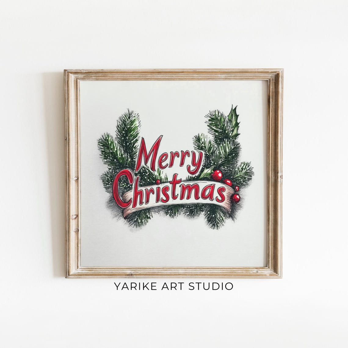 Merry Christmas Red Script Lettering with Pine Branches Holiday Poster