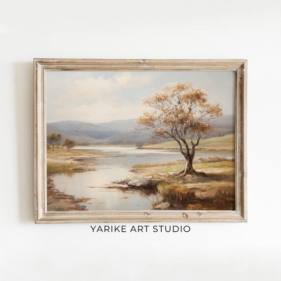 Tranquil River Winding Past Tree with Misty Hills Beyond Landscape Print