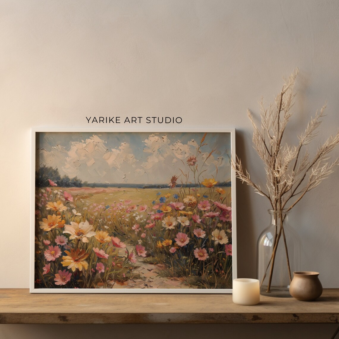 Moody Wildflower Field Oil Painting Pink Cosmos Vintage Meadow Poster - Image 2
