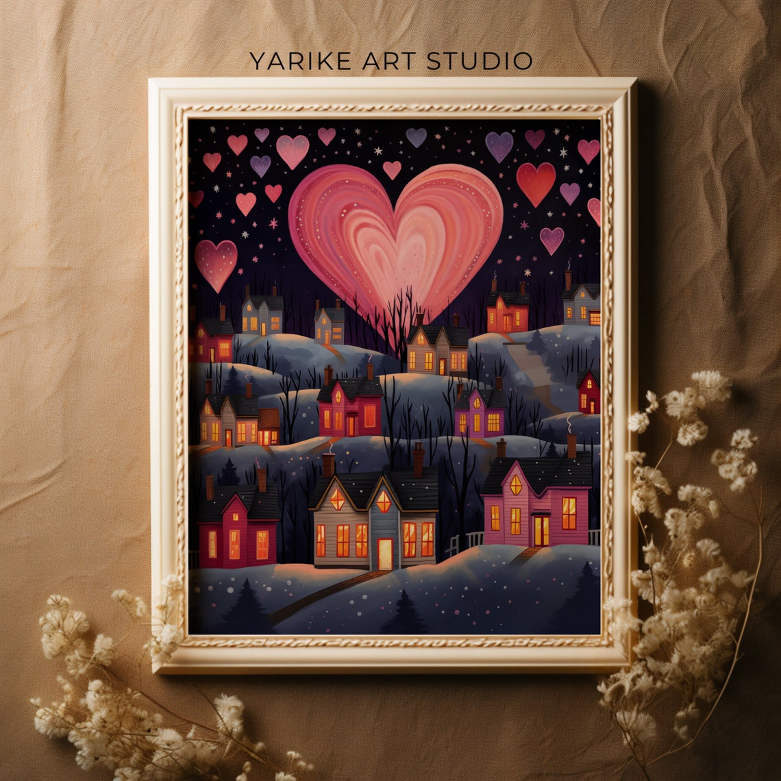 Snowy Village Night With Giant Pink Heart In Sky Valentine Poster - Image 5