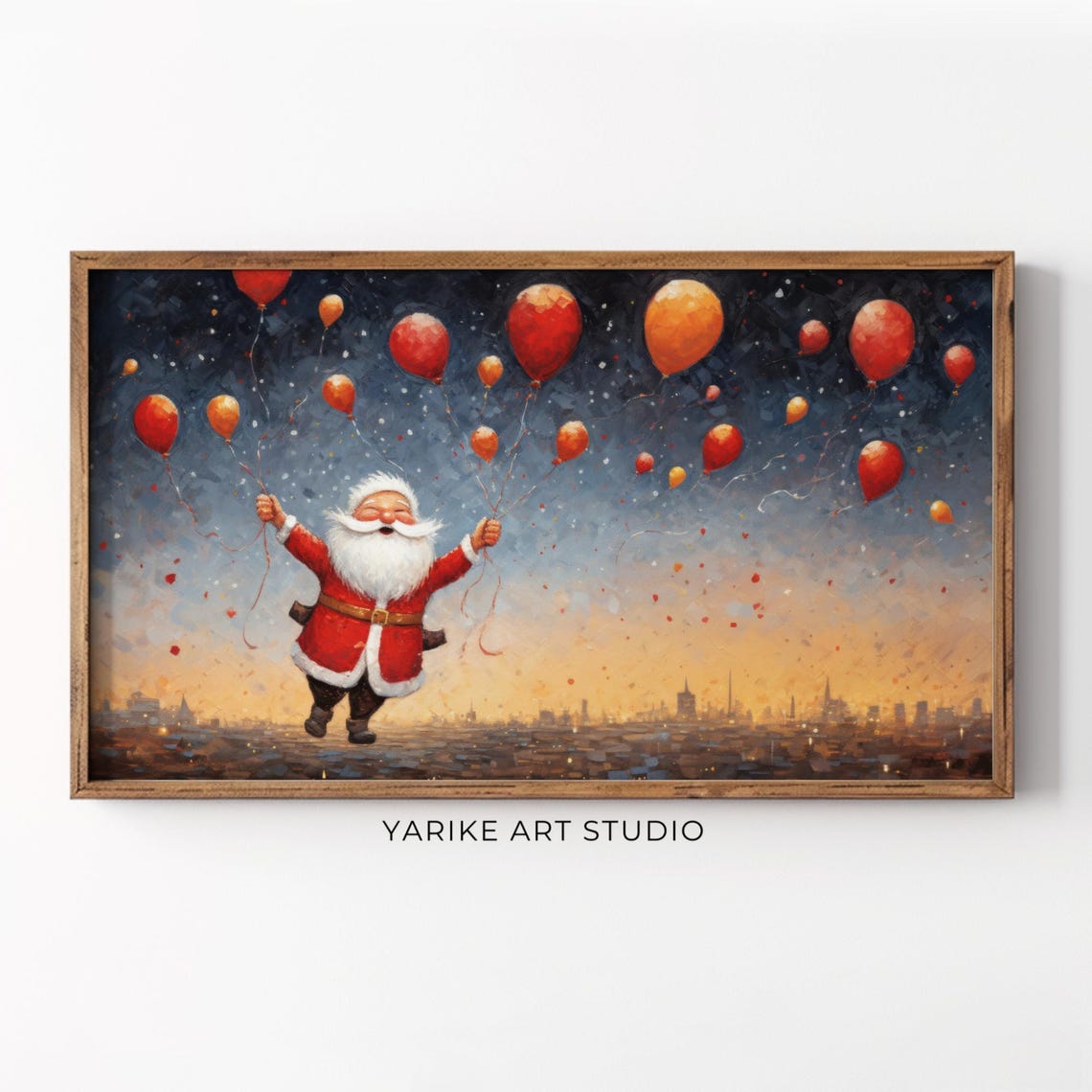 Flying Santa Claus Balloons City Sunset Whimsical Christmas Poster