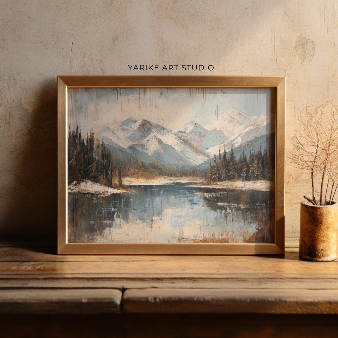 Snowy Mountain Lake Reflection Pines Vintage Landscape Poster - Image 2