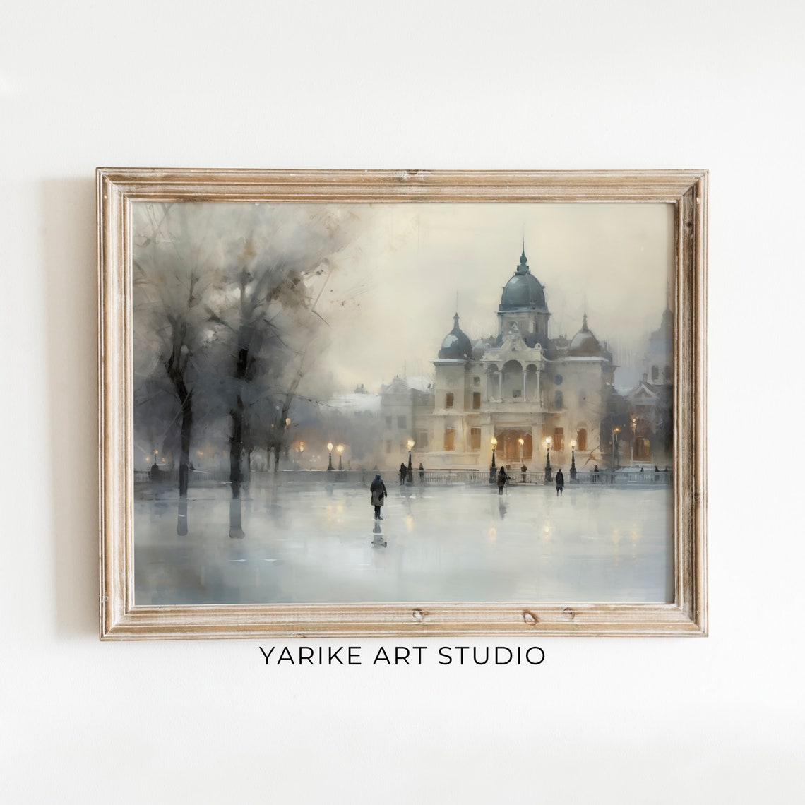 Vintage European Cathedral Square Snowy Winter Street Scene Poster