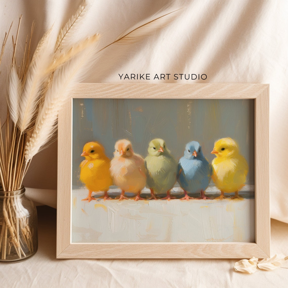 Five Pastel Baby Chicks Row Painting Cute Spring Nursery Poster - Image 2