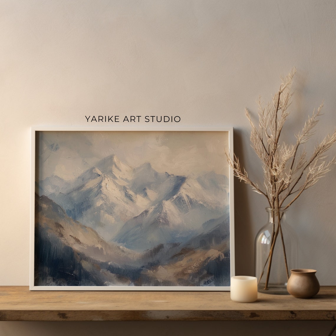 Snowy Mountain Peaks Blue Gray Alpine Summit Oil Painting Poster - Image 3