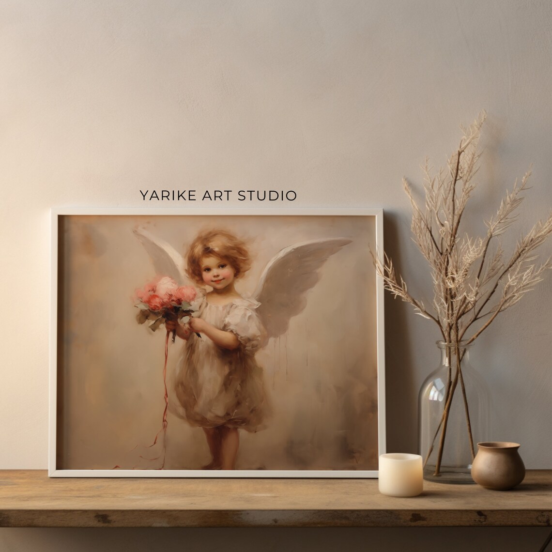 Sweet Cherub Angel with Pink Roses Bouquet Vintage Painting Poster