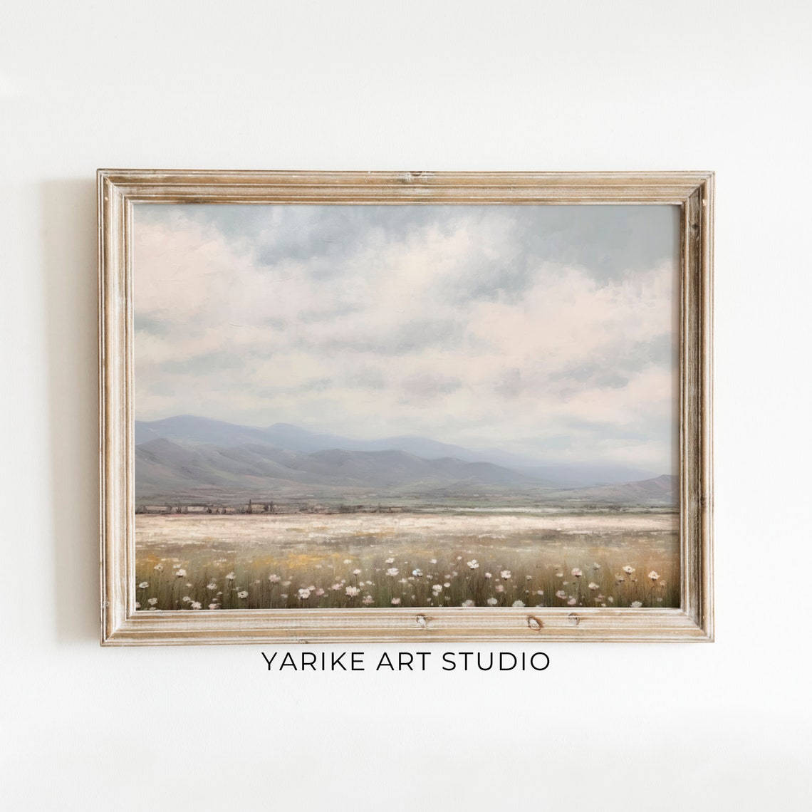 Wildflower Field Landscape Oil Painting Country Landscape Art Print Mountain Painting Farmhouse Wall Art 458