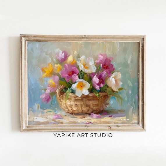 Spring Crocus Basket Oil Painting Pink Yellow Floral Still Life Poster