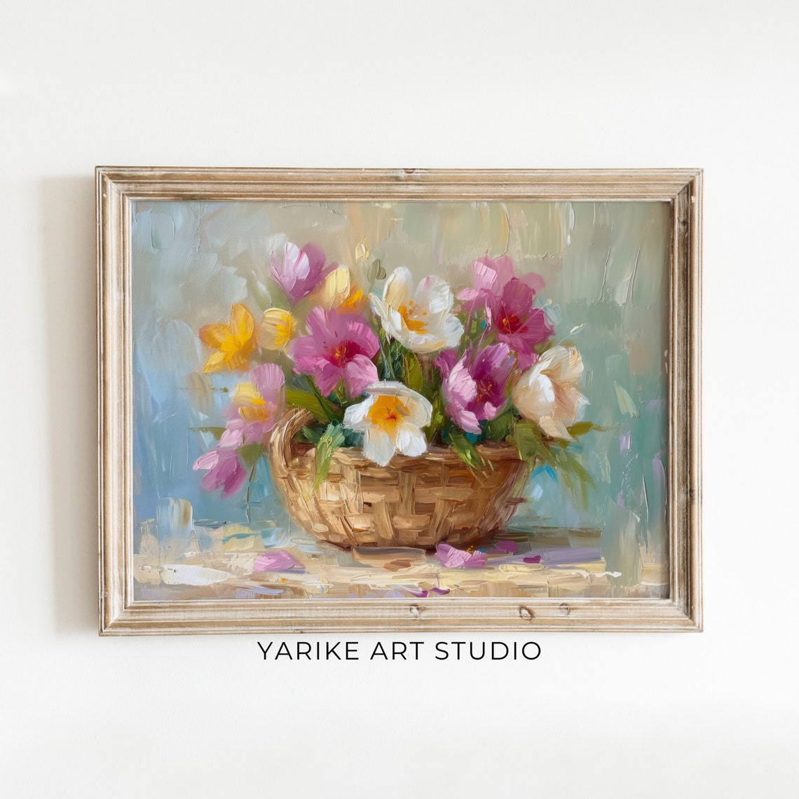 Spring Crocus Basket Oil Painting Pink Yellow Floral Still Life Poster