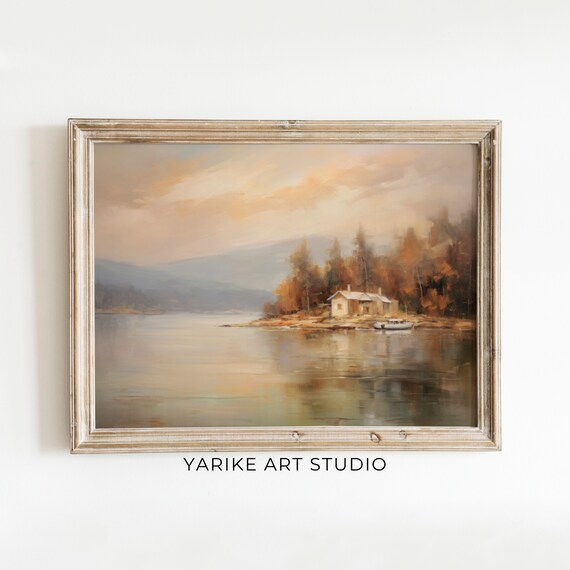 Autumn Lake Cabin with Boat Golden Sunset Serene Landscape Poster