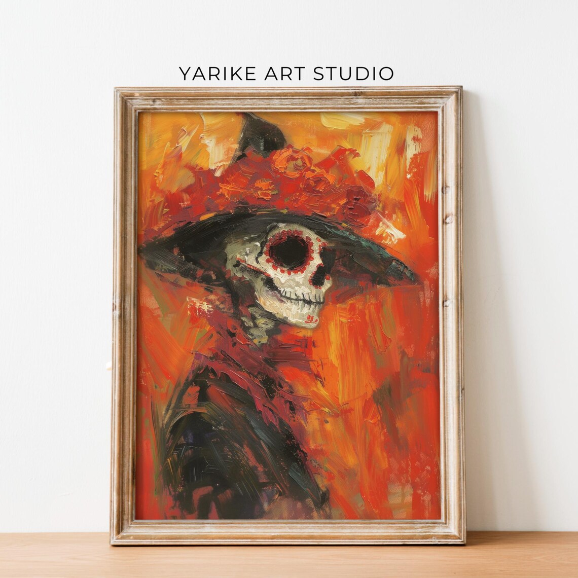 Day of the Dead Skeleton Lady Flower Hat Orange Painting Poster - Image 6
