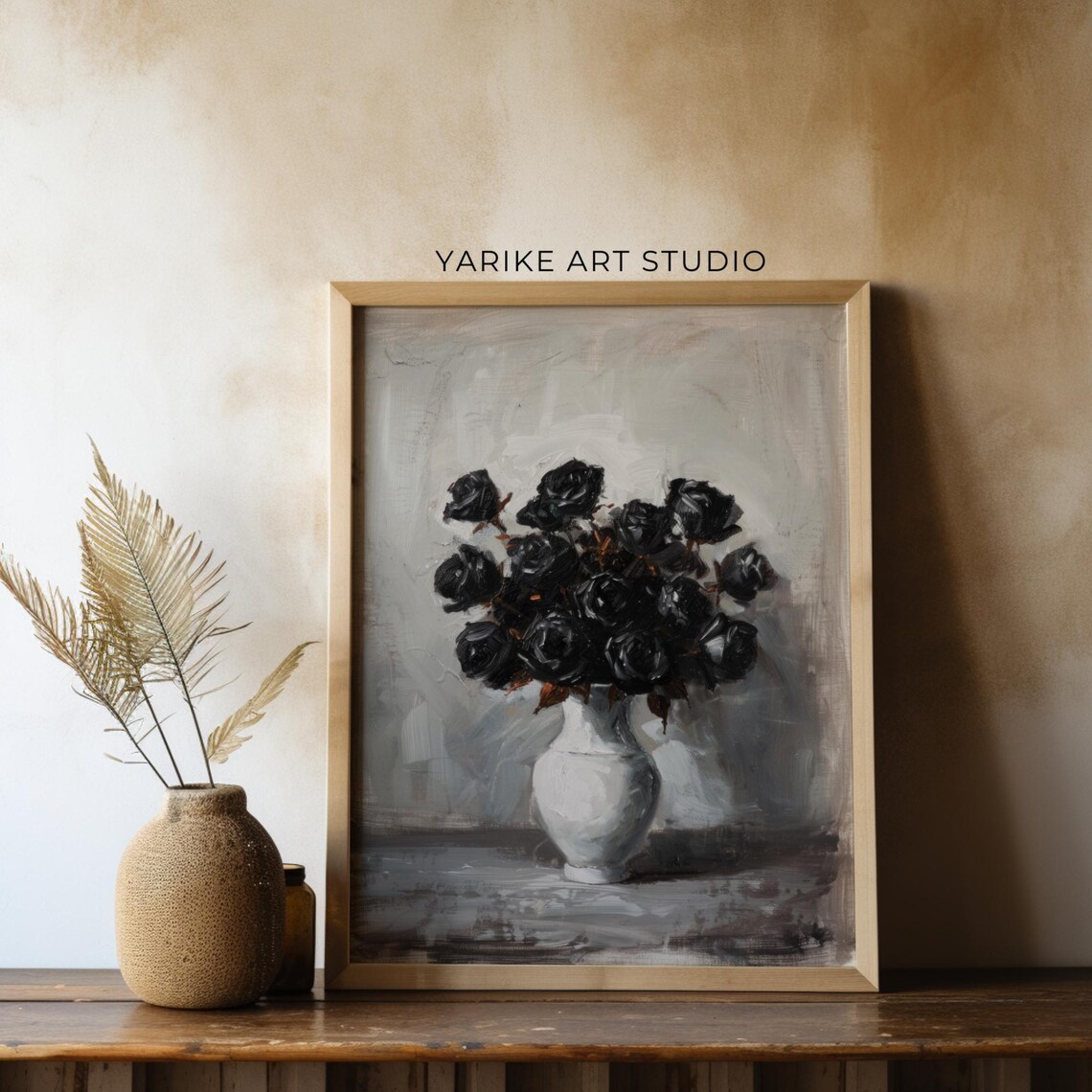 Black Roses White Vase Moody Floral Still Life Painting Poster - Image 3