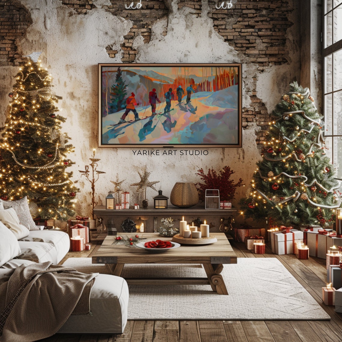 Five Skiers Racing Downhill at Sunset Colorful Modern Art Poster - Image 2