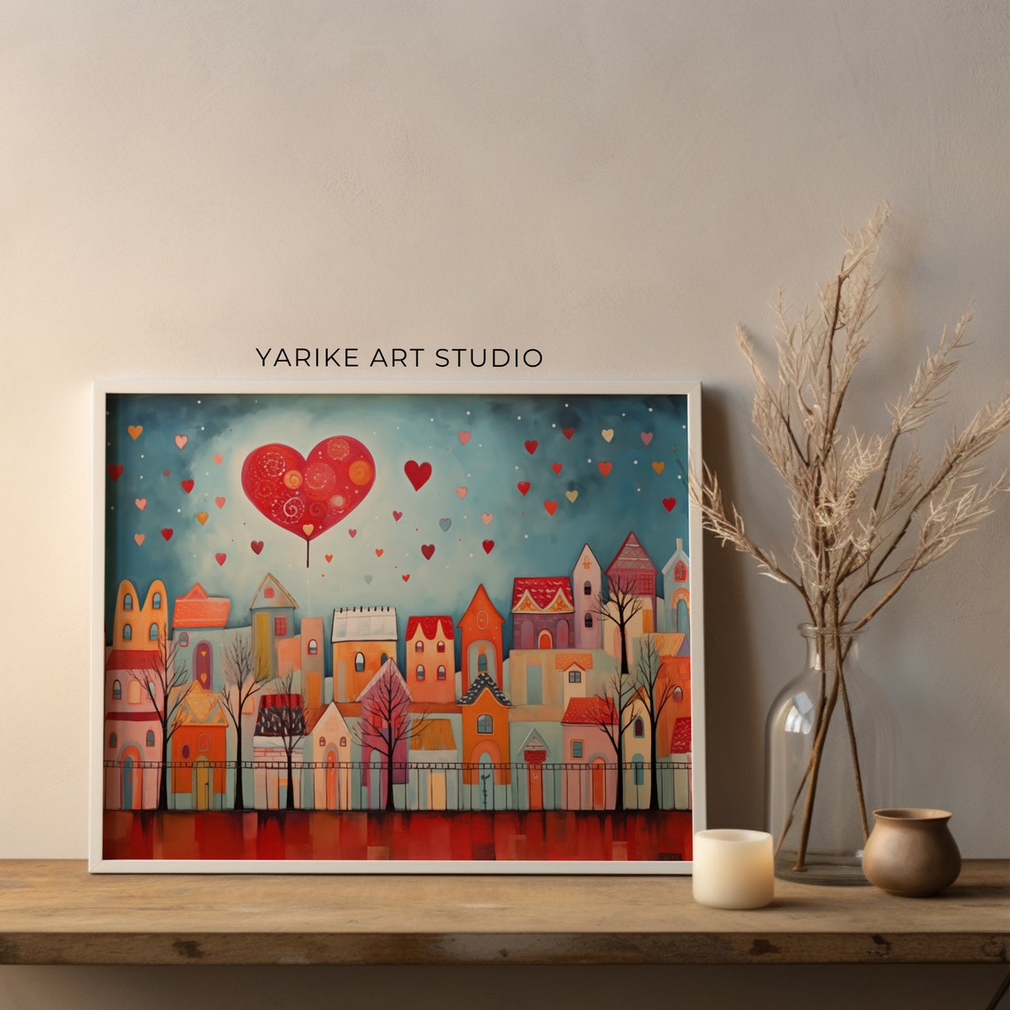 Whimsical Town Giant Heart Balloon Colorful Folk Art Love Poster - Image 4