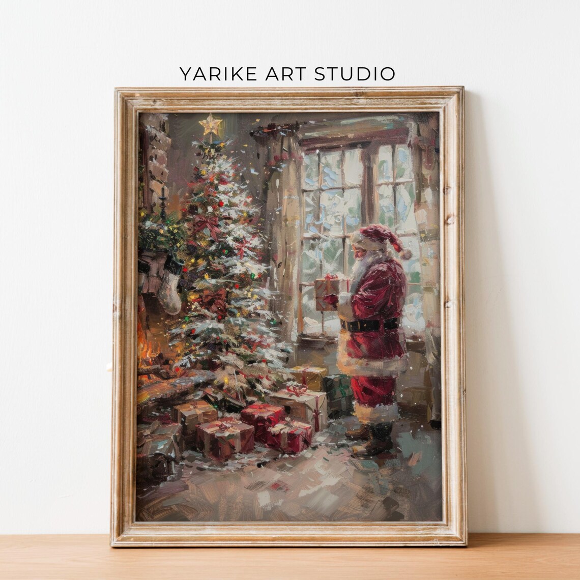 Santa Placing Gifts Under Christmas Tree Cozy Holiday Poster - Image 5