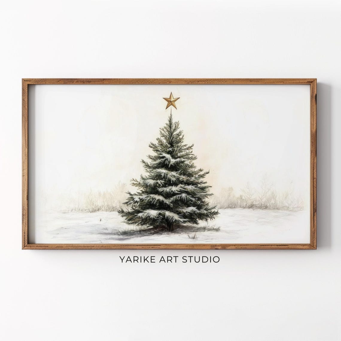 Snowy Fir Tree With Gold Star Minimalist Winter Christmas Tree Poster