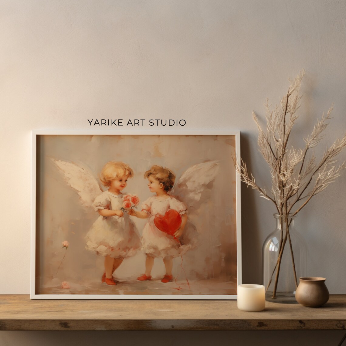 Two Vintage Cherub Angels with Heart and Roses Painting Poster