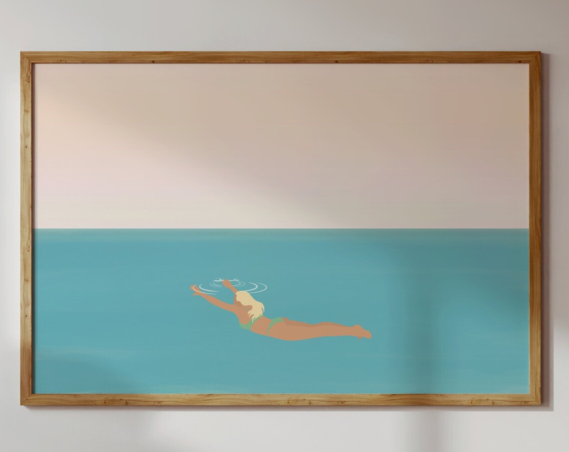Floating Woman Turquoise Ocean Pastel Pink Sky Minimalist Poster