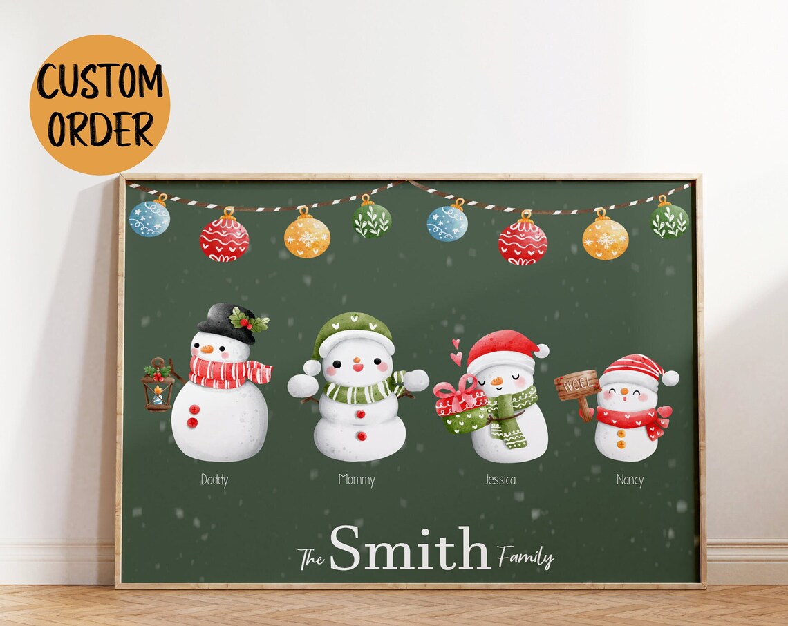 Personalized Snowman Family Christmas Ornament Garland Art Poster