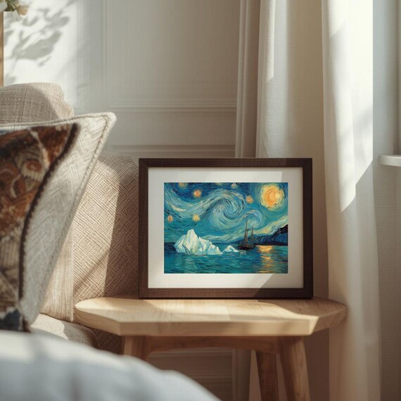 Van Gogh Style Starry Night Iceberg Tall Ship Polar Seascape Poster