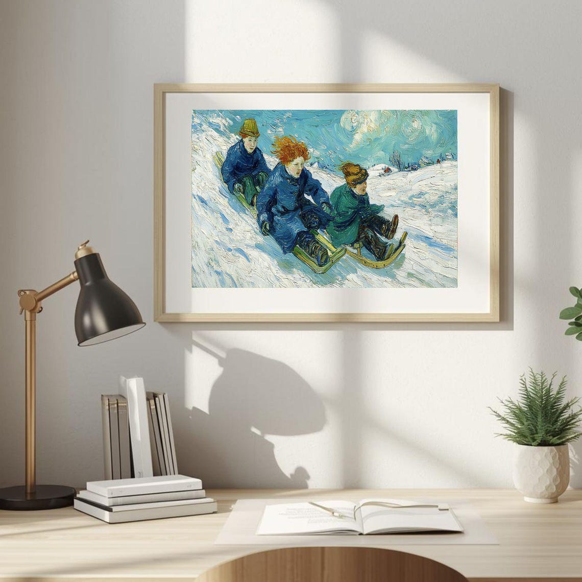 Children Sledding in the Snow Impressionist Winter Scene Poster