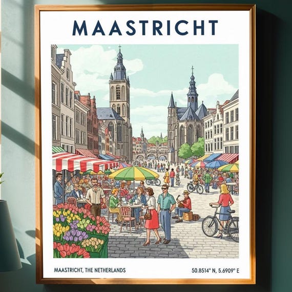 Maastricht European Square Poster Blue And Red Green Yellow Pink Art Vintage Travel Illustration Living Room Office Decor