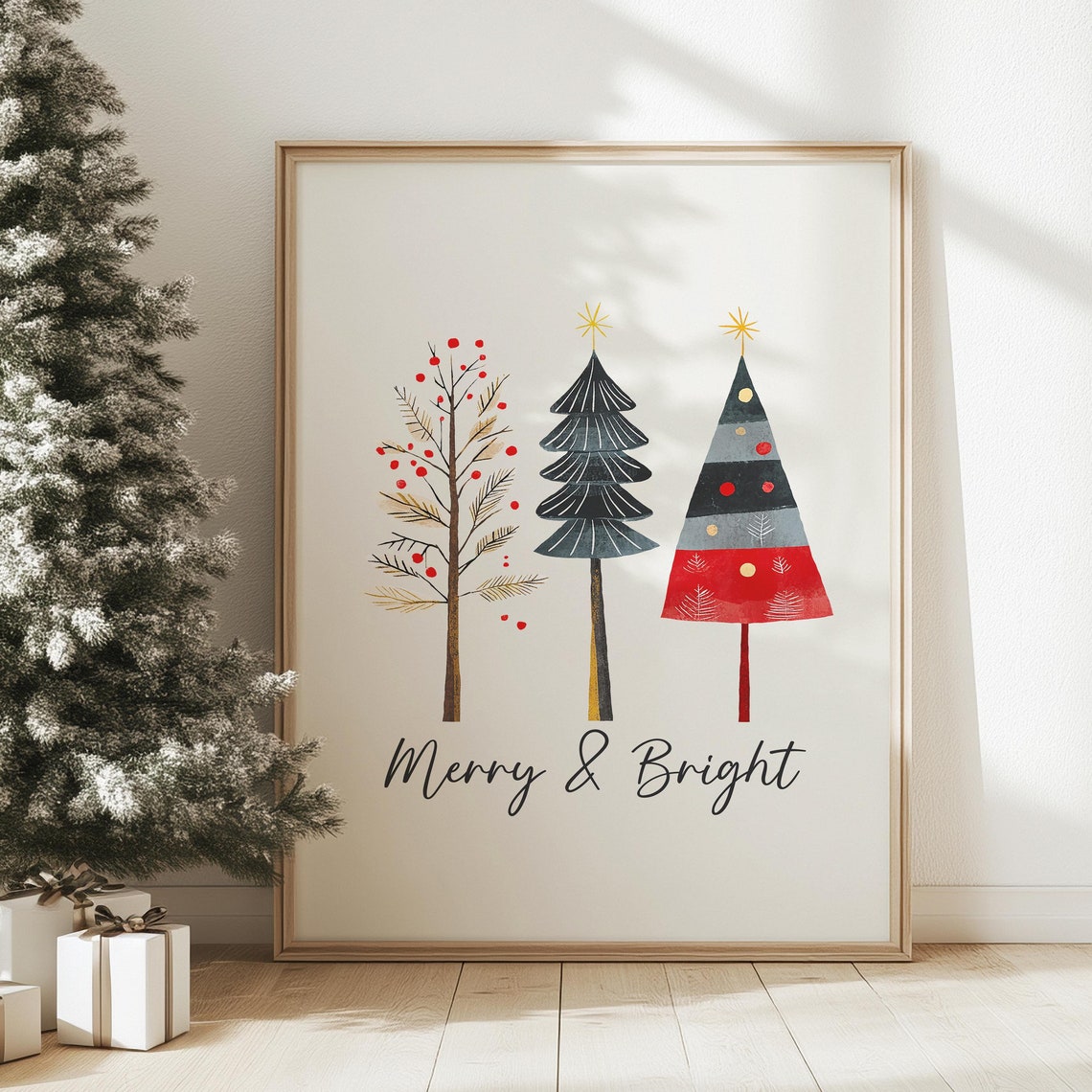 Merry and Bright Three Stylized Christmas Trees Script Poster