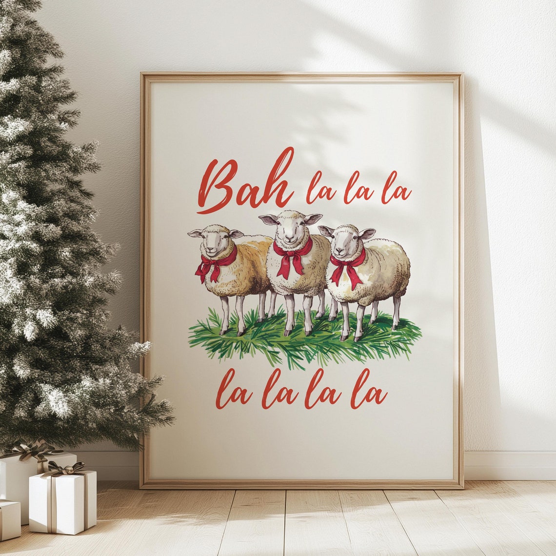 Bah La La La Singing Sheep Red Scarves Funny Christmas Poster