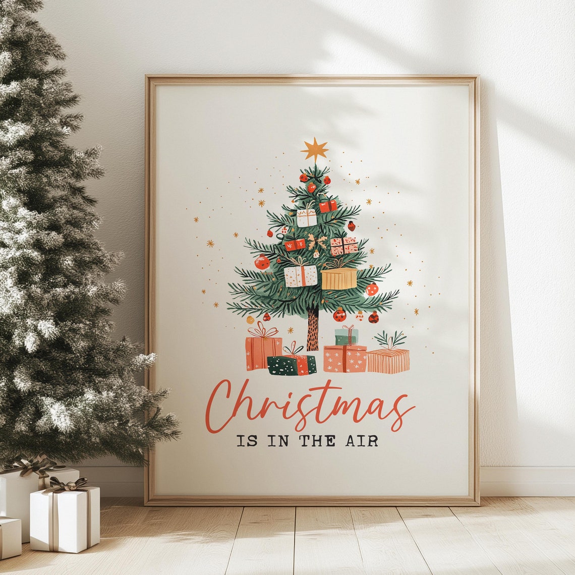 Christmas Is in the Air Watercolor Christmas Tree Gifts Poster