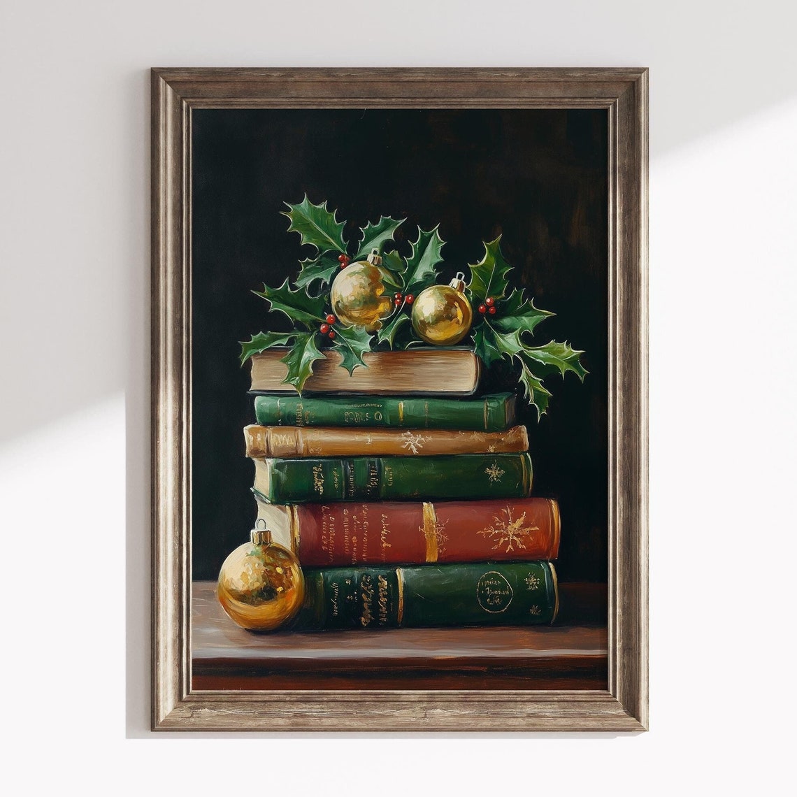 Moody Christmas Book Stack Gold Baubles Holly Berries Decor Poster