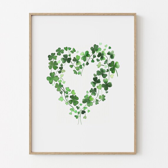 Watercolor Shamrock Heart Green Clover St Patricks Day Wall Art