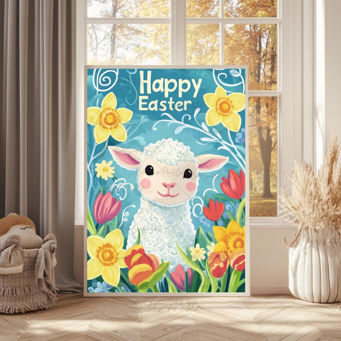 Easter Lamb Print Happy Easter Print Cute Spring Wall Art Easter Nursery Decor Pastel Animal Illustration Daffodil Tulip Flowers Easter Gift - Image 2