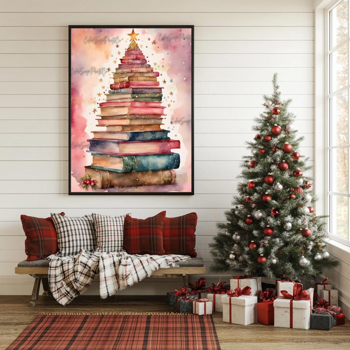 Pink Watercolor Book Stack Christmas Tree Holiday Gold Star Poster - Image 4