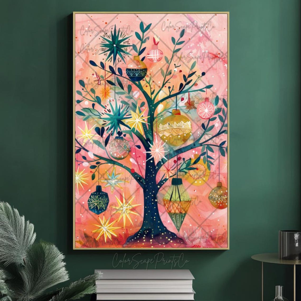 Whimsical Christmas Tree With Ornaments Pink Watercolor Poster - Image 3