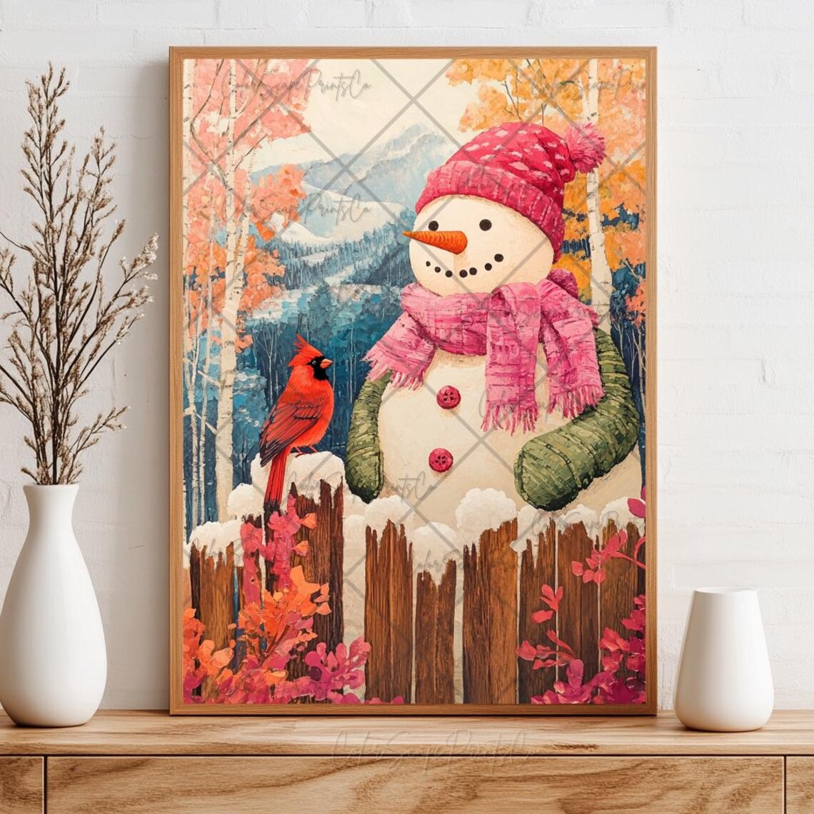 Snowman Painting Snowman And Cardinal Wall Art Winter Wonderland Print Red Cardinal Bird Print Winter Landscape Art Colorful Christmas Print - Image 3