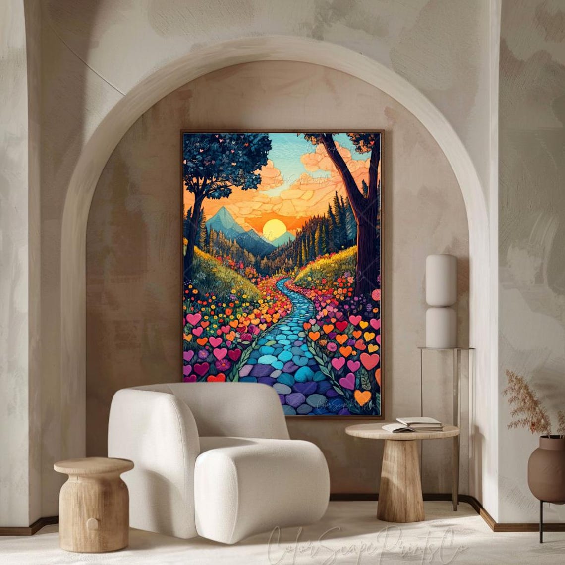 Colorful Mountain Valley Sunset Painting with Heart Garden Poster - Image 2