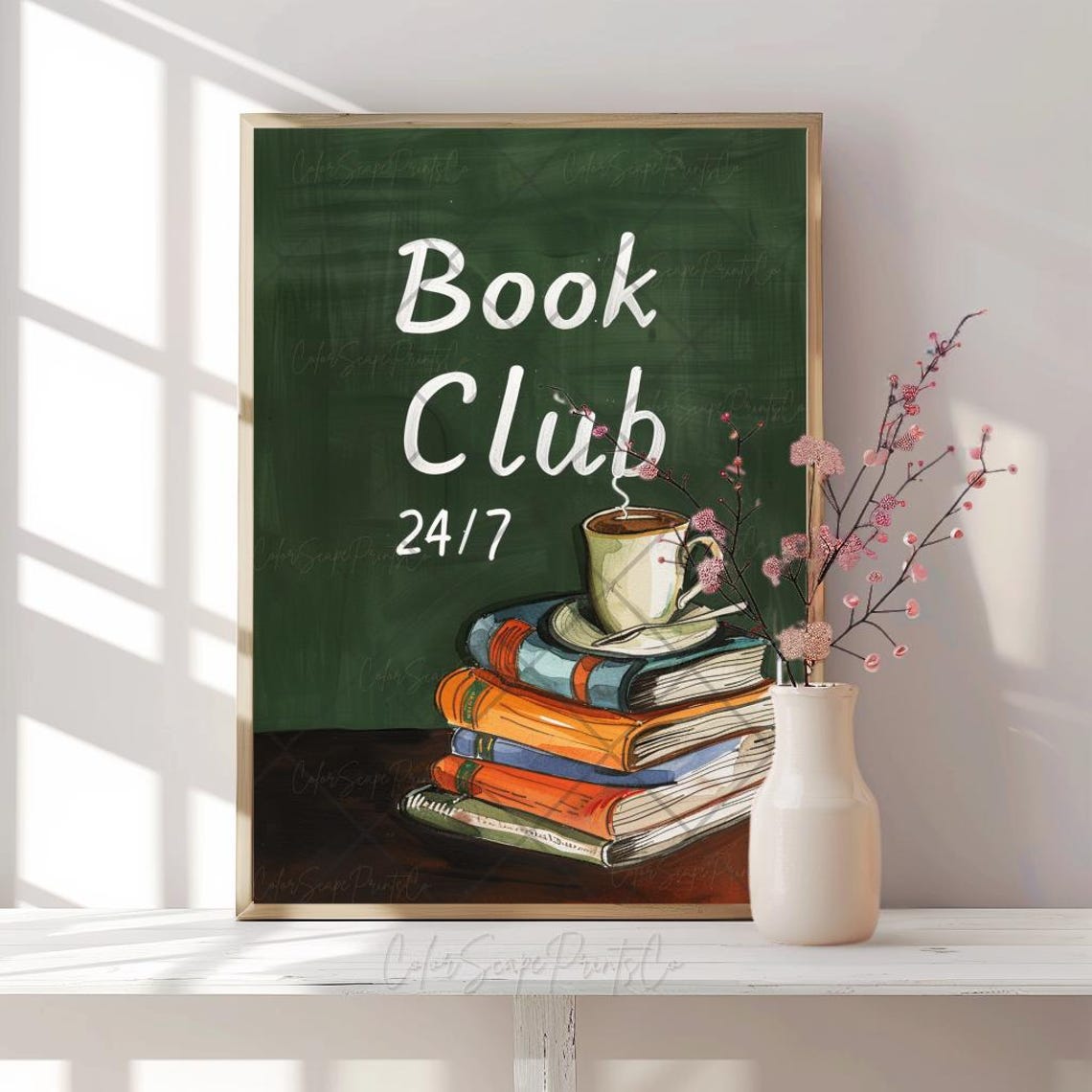Book Club 24-7 Reading Chalkboard Art Books and Coffee Cup Poster - Image 2