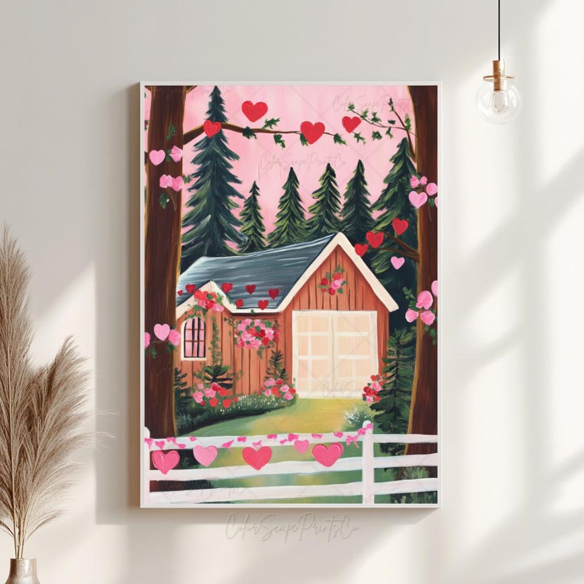 Red Barn Cabin With Hearts Pink Sky Woodland Valentine Poster - Image 2