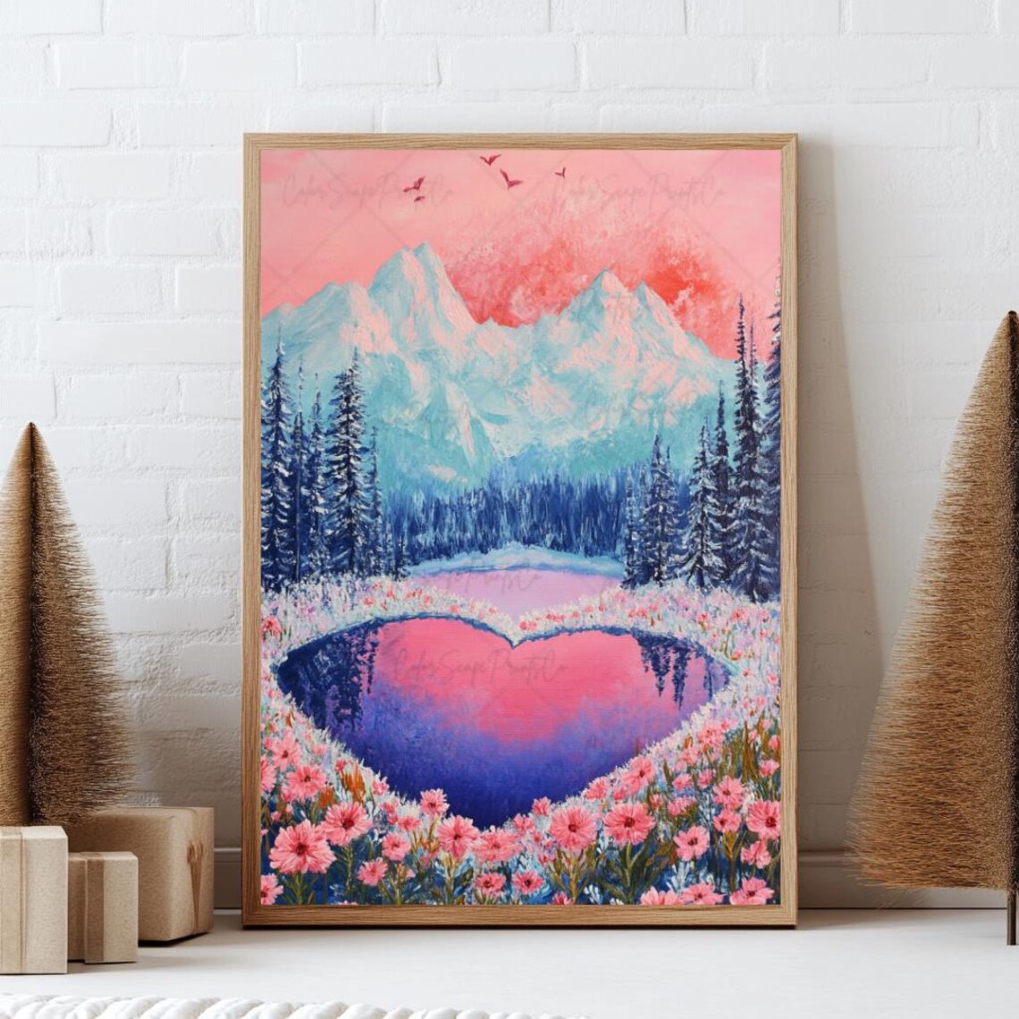 Heart Shaped Lake at Sunset Pink Mountains Wildflowers Poster - Image 3