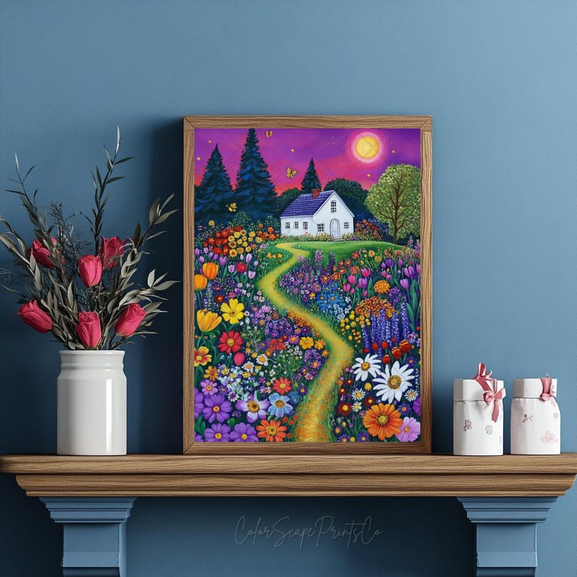 Cottage Path Through Wildflower Garden Sunset Purple Sky Poster - Image 3