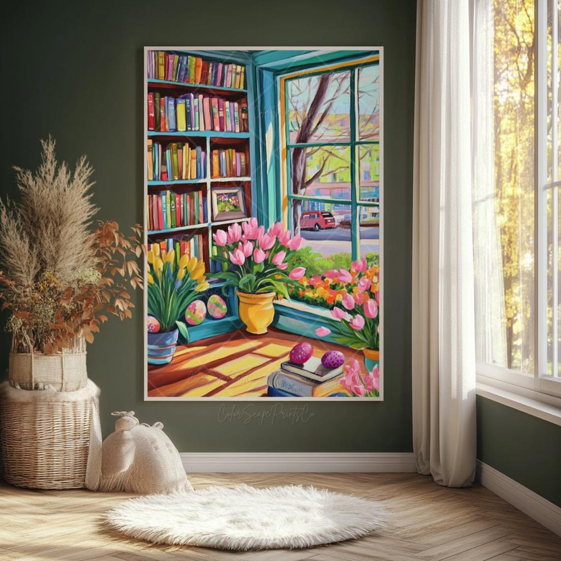 Spring Bookshop Window Painting Tulips Easter Eggs Bookstore Wall Art - Image 2