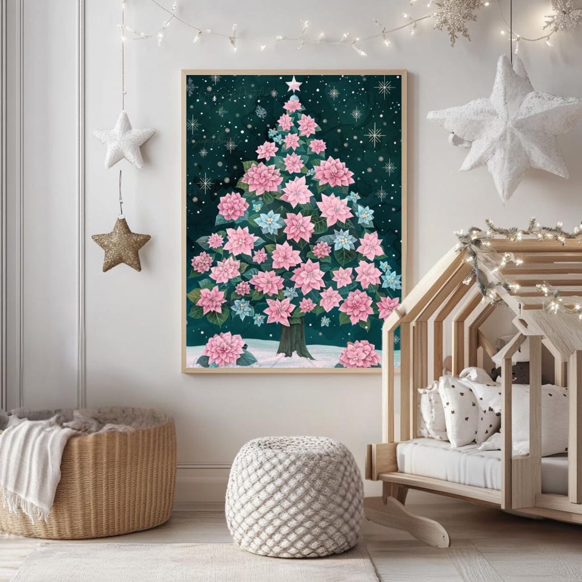 Pink Floral Christmas Tree Poinsettia Blooms Night Sky Poster - Image 2
