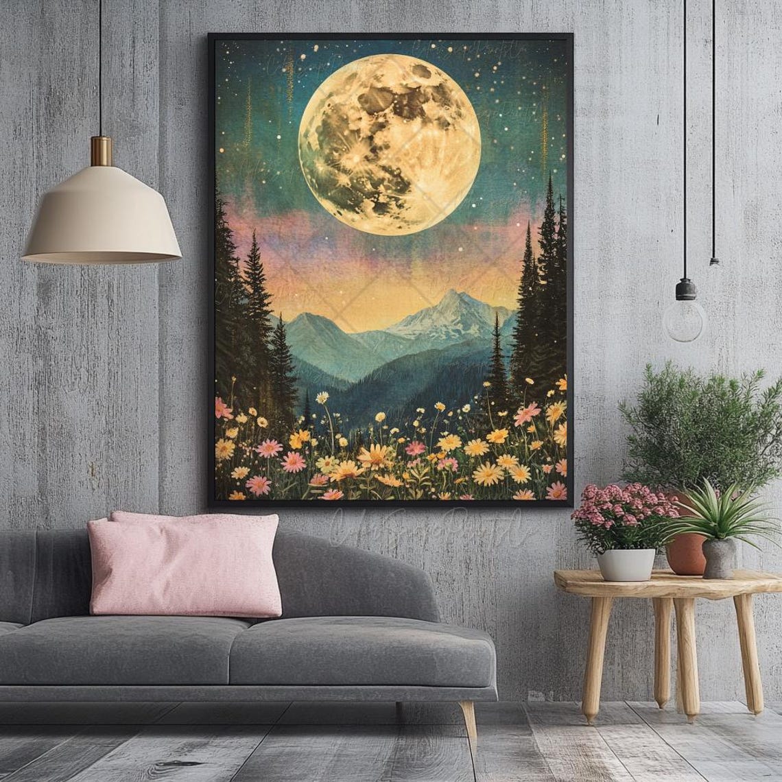 Giant Full Moon Over Mountains and Wildflower Meadow Night Poster - Image 4