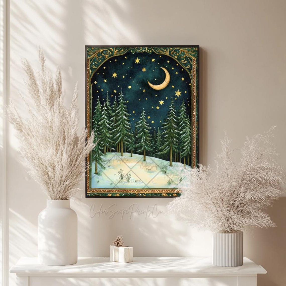 Enchanted Winter Forest Crescent Moon Stars Vintage Storybook Poster - Image 4